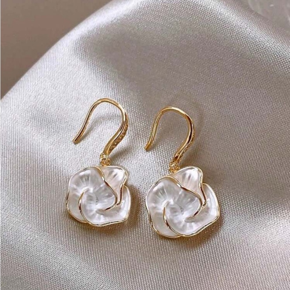 Gold and White Floral Earrings